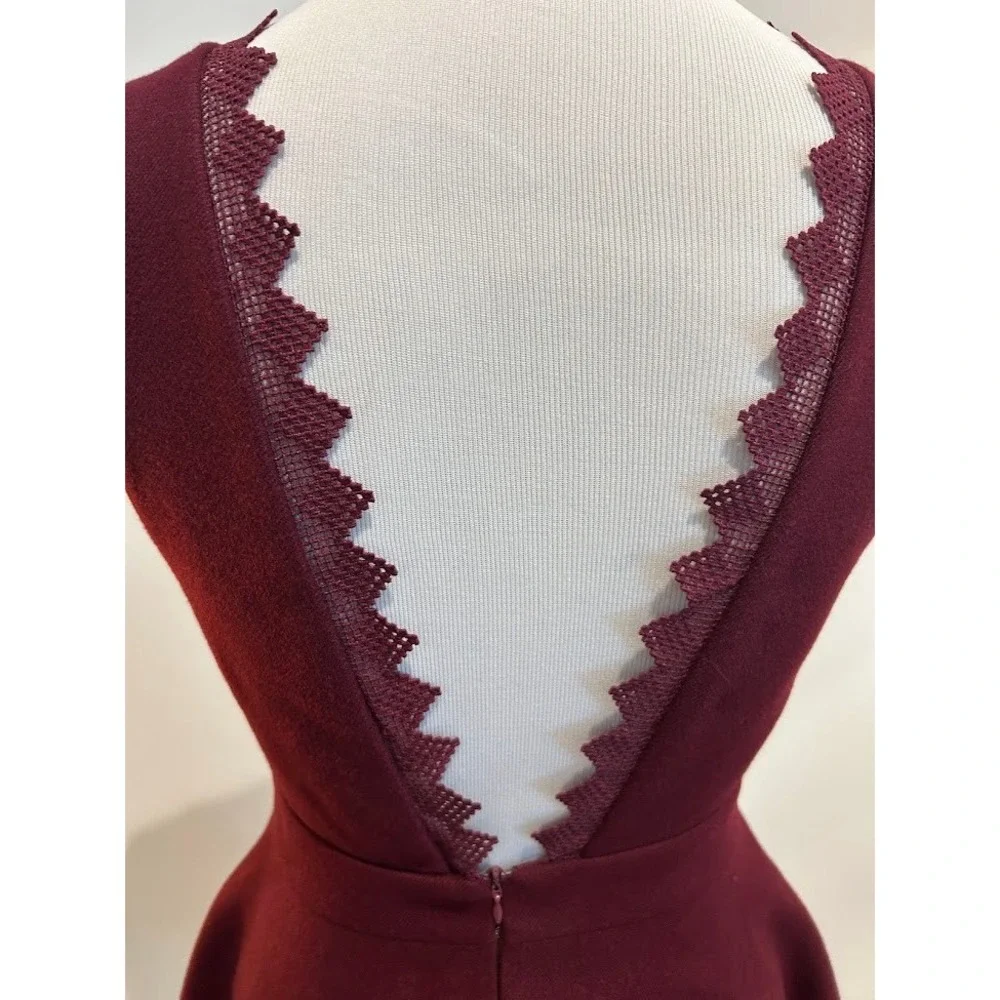 Burgundy Plunge V‎ Neck Lace Trim Wool Dress Women's Schoolgirl Anime